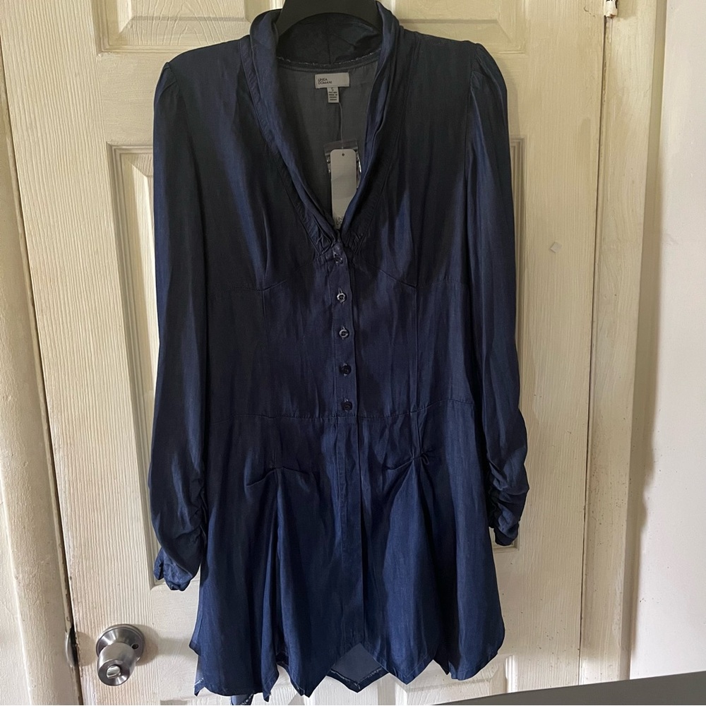 Linea Domani Tencel Denim Shirt Dress Asymmetrical Handkerchief Hemline Small.